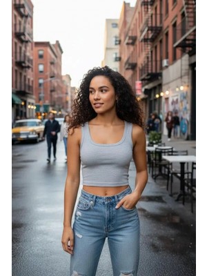 Hace Bazaar Kadın Gri Modern Fit Kare Yaka Crop Top Bluz