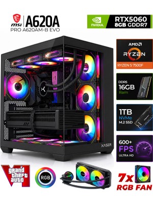 Xaser Shiny X50 Ryzen 5 7500F 16GB Ddr5 Ram 1tb M.2 Nvme SSD 8gb RTX5060 Sıvı Soğutmalı Oyuncu Bilgisayarı