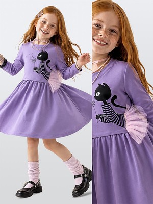Denokids Kız Çocuk Elbise Kedi Baskılı Tül Detaylı – Uzun Kollu Fırfırlı Elbise (4-9 Yaş)