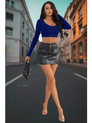 Hace Bazaar Mavi Derin U Yaka Crop Top Uzun Kollu Dar Kesim Kadın Bluz
