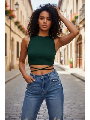 Hace Bazaar Kadın Yeşil Modern Fit Çapraz Bağlamalı Crop Top Büstiyer