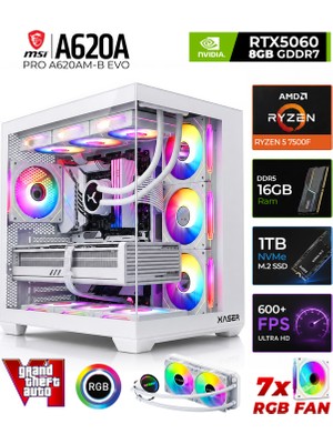 Xaser Shiny X60  Ryzen 5 7500F 16GB Ddr5 Ram 1tb M.2 Nvme SSD 8gb RTX5060 Sıvı Soğutmalı Oyuncu Bilgisayarı