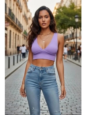 Hace Bazaar Kadın Lila Modern Fit Çapraz Sırt Detaylı Şık Crop Top Büstiyer