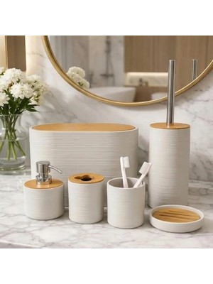 Odea 6 Parça Banyo Seti, Bambu Detaylı, 8l Çöp Kovası 24X26X16 cm (Beyaz)