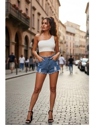Hace Bazaar Kadın Beyaz Fit Görünümlü Tek Omuz Crop Top Büstiyer