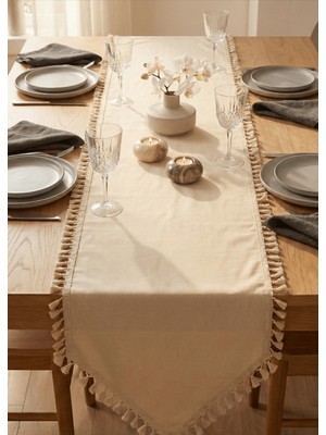 Destiva Home Buldan Işi Bej Püskül Detaylı Pamuk Keten Runner (50X140 Cm)