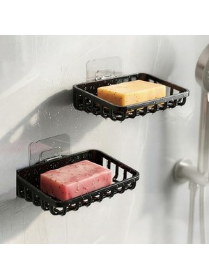 Odea 2'li Set Yapışkanlı Banyo Sabunluk, Katı Sabun Tutacağı, Lavabo Mutfak Katı Sabunluk Süngerlik Siyah Siyah