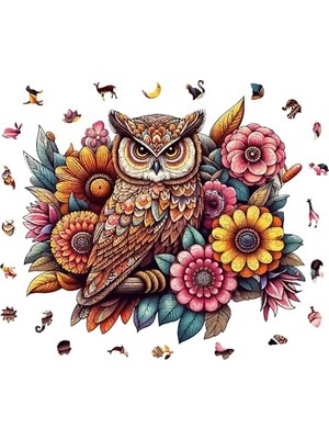 Odea Ahşap Puzzle Yetişkin - Çiçekli Baykuş - 300 Parça, 29 x 33 cm - Yapıştırıcı Folyo Dahil - Benzersiz Şekilli Parçalar & Özel Figürler - Wz-07