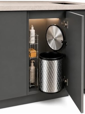 Odea Banyo, Mutfak Dolap Içi 11 Litre Metal Çöp Kovası – Krom, Tüm Dolaplara Uyumlu Tezgah Altı Çöp Kovası