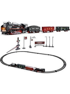 Odea Oyuncak 23 Parça Işıklı Klasik Tren Seti 105CM 3 Farklı Ray Modeli Pilli Retro Kara Tren Otomatik On Aç Bırak