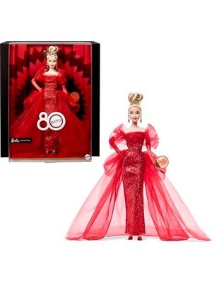 Odea Işıltılı Kırmızı Tül Elbisesi, Damla Küpeleri ve Tül Eldivenleri ile Sarı Saçlı Barbie Signature Bebek, Koleksiyona Uygun Mattel 80. Yıl Dönümü Bebeği, JBJ17