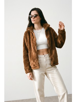 Purpleclo Kadın Oversize Fermuarlı Teddy Peluş Hırka