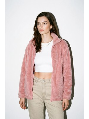 Purpleclo Kadın Oversize Fermuarlı Teddy Peluş Hırka