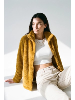 Purpleclo Kadın Oversize Fermuarlı Teddy Peluş Hırka