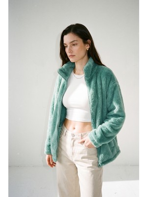 Purpleclo Kadın Oversize Fermuarlı Teddy Peluş Hırka