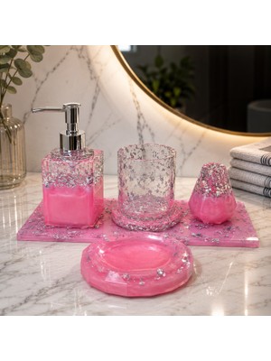 Pink Luxury Epoksi Banyo Sabunluk Seti - Sıvı Sabunluk, Fırçalık, Sabunluk ve Tepsi