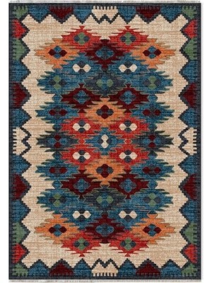 Odea Anti-Alerjik Yıkanabilir Kaymaz Şönil Halı Kilim Kendinden Saçaklı Eskitme, Modern Desen Oturma Odası, Salon, Çocuk Odası, Mutfak, Koridor Halısı, Yolluk (Renkli, 80 x 150 Cm)