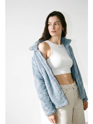 Purpleclo Kadın Oversize Fermuarlı Teddy Peluş Hırka