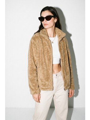 Purpleclo Kadın Oversize Fermuarlı Teddy Peluş Hırka