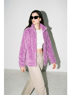 Purpleclo Kadın Oversize Fermuarlı Teddy Peluş Hırka