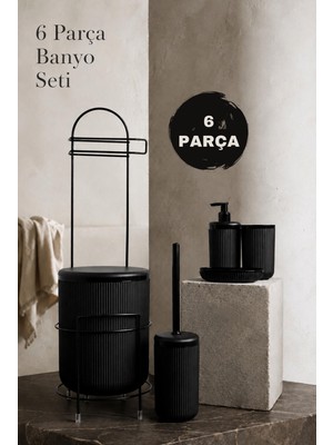 Okyanus Home Siyah Linea Standlı Wc Kağıtlık ve 6 Parça Banyo Seti Modern Stil ve Suya Dayanıklı