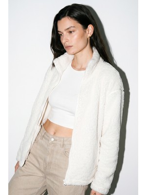 Purpleclo Kadın Oversize Fermuarlı Teddy Peluş Hırka