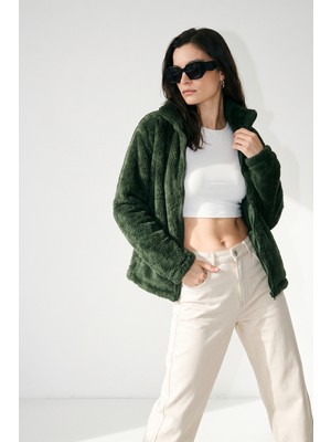 Purpleclo Kadın Oversize Fermuarlı Teddy Peluş Hırka