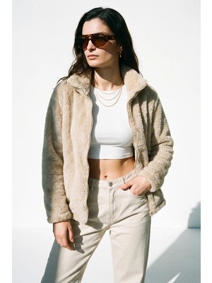 Purpleclo Kadın Oversize Fermuarlı Teddy Peluş Hırka