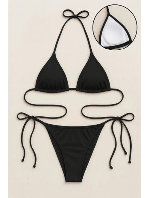 Hace Bazaar Kadın Siyah Bikini Mayo Takımı Yandan ve Boyundan Bağlamalı Şık Plaj ve Havuz Seti