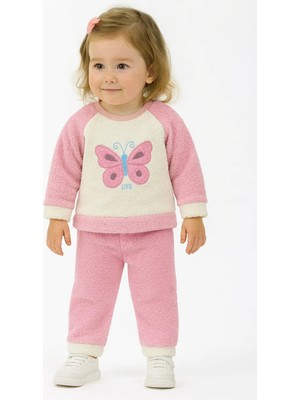 Bubito Kelebek Görselli Kışlık Peluş Welsoft Kız Bebek Çocuk 2'li Takım-Pembe