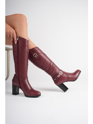 Analin Shoes Kadın Hakiki Deri Körüklü Toka Detaylı Topuklu Çizme