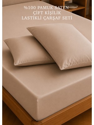 Bella Maison %100 Pamuk Saten Çift Kişilik Lastikli Çarşaf Seti Vizon (160X200X35 Cm)