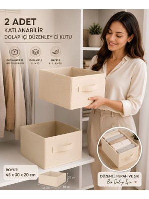 Mor Bebe 2'li Krem Kumaş Katlanabilir Dolap Içi Düzenleyici Kutu 45X30X20 cm | Kıyafet ve Giysi Organizer Saklama Kutusu