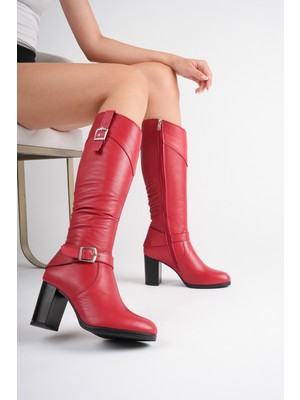 Analin Shoes Kadın Hakiki Deri Körüklü Toka Detaylı Topuklu Çizme