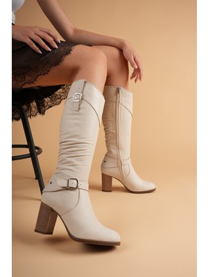 Analin Shoes Kadın Hakiki Deri Körüklü Toka Detaylı Topuklu Çizme