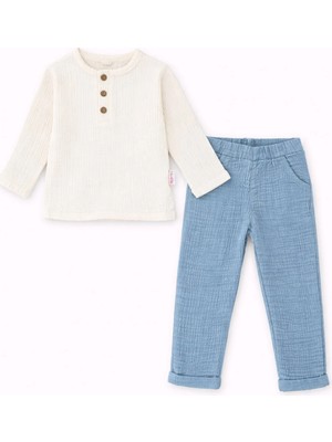 Bubito Unisex Bebek&çocuk %100 Pamuklu Müslin Alt Üst Pijama Takım-Mavi