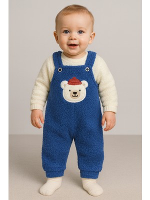 Bubito Ayı Nakışlı Kışlık Peluş Welsoft Bebek Tulum-Mavi
