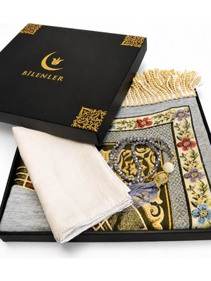 Bilenler Astarlı Seccade Seti Lale Desenli – Kristal Tesbih ve Bambu Örtülü Özel Hediye Kutusu