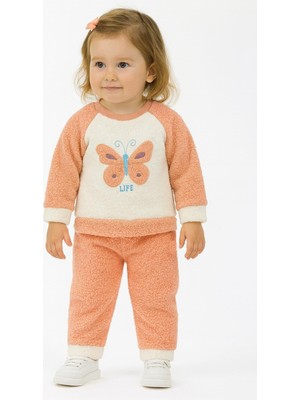 Bubito Kelebek Görselli Kışlık Peluş Welsoft Kız Bebek Çocuk 2'li Takım-Turuncu