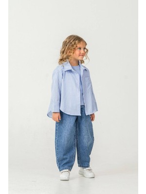 Superbaby Kız Çocuk Çizgili Gömlek Basic Tişört ve Kot Pantolon 3’lü Takım Günlük Şık Kombin