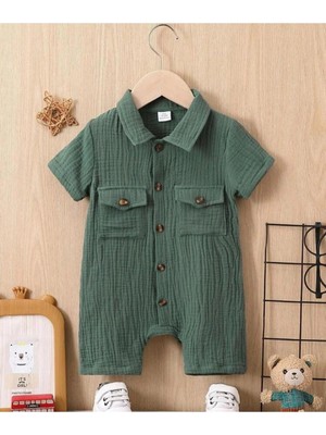 Bubito Unisex Bebek&çocuk %100 Pamuklu Tahta Düğmeli Cepli Müslin Tulum-Haki
