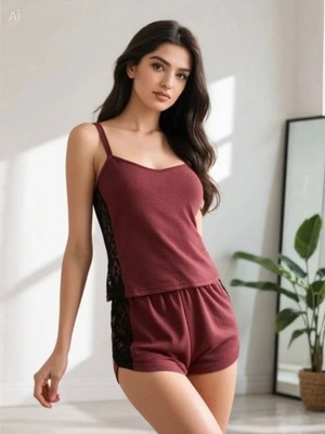 Hace Bazaar Kadın Bordo Dantel Detaylı Şortlu Gecelik Takımı Askılı Şık Ev Giyim