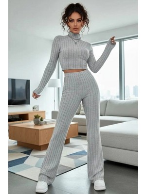 Hace Bazaar Kadın Gri Çizgili Boğazlı Crop Top Yüksek Bel Pantolon Takım Şık 2’li Set