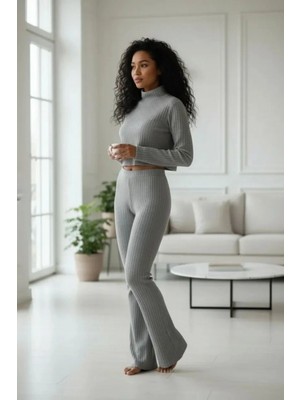 Hace Bazaar Kadın Gri Fitilli Boğazlı Crop Üst Ispanyol Paça Pantolon Eşofman Takımı Esnek 2’li Set