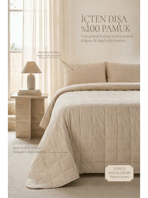 Ocean Home Textile %100 Pamuk Kumaş Kapitoneli Bej Çok Amaçlı Çift Kişilik Yatak Örtüsü Seti 1 Adet 250 x 230 / 2 Adet 50 x 70 cm