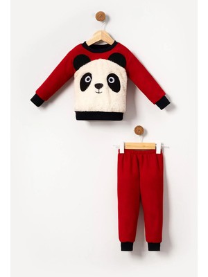 Bubito Panda Görselli Bebek & Çocuk Polar Kışlık Alt Üst Takım-Kırmızı