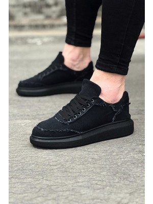 Zerenyus ZRJ018 Erkek Günlük Bağcıklı Kot Kumaş Spor Sneaker - Siyah
