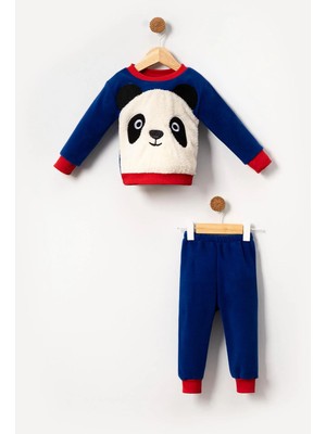 Bubito Panda Görselli Bebek & Çocuk Polar Kışlık Alt Üst Takım-Mavi