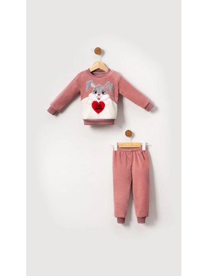Bubito Tavşan Görselli Kız Bebek & Çocuk Polar Kışlık Alt Üst Takım-Pembe