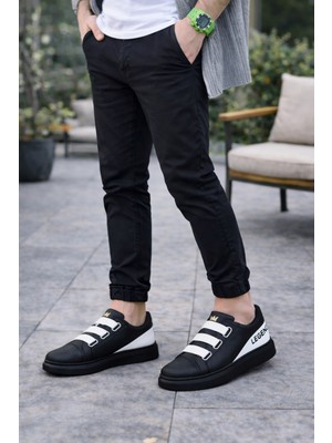 Zerenyus ZRJ029 Bağcıksız 3 Bantlı Lastikli Legend Erkek Günlük Sneaker - Siyah/Beyaz